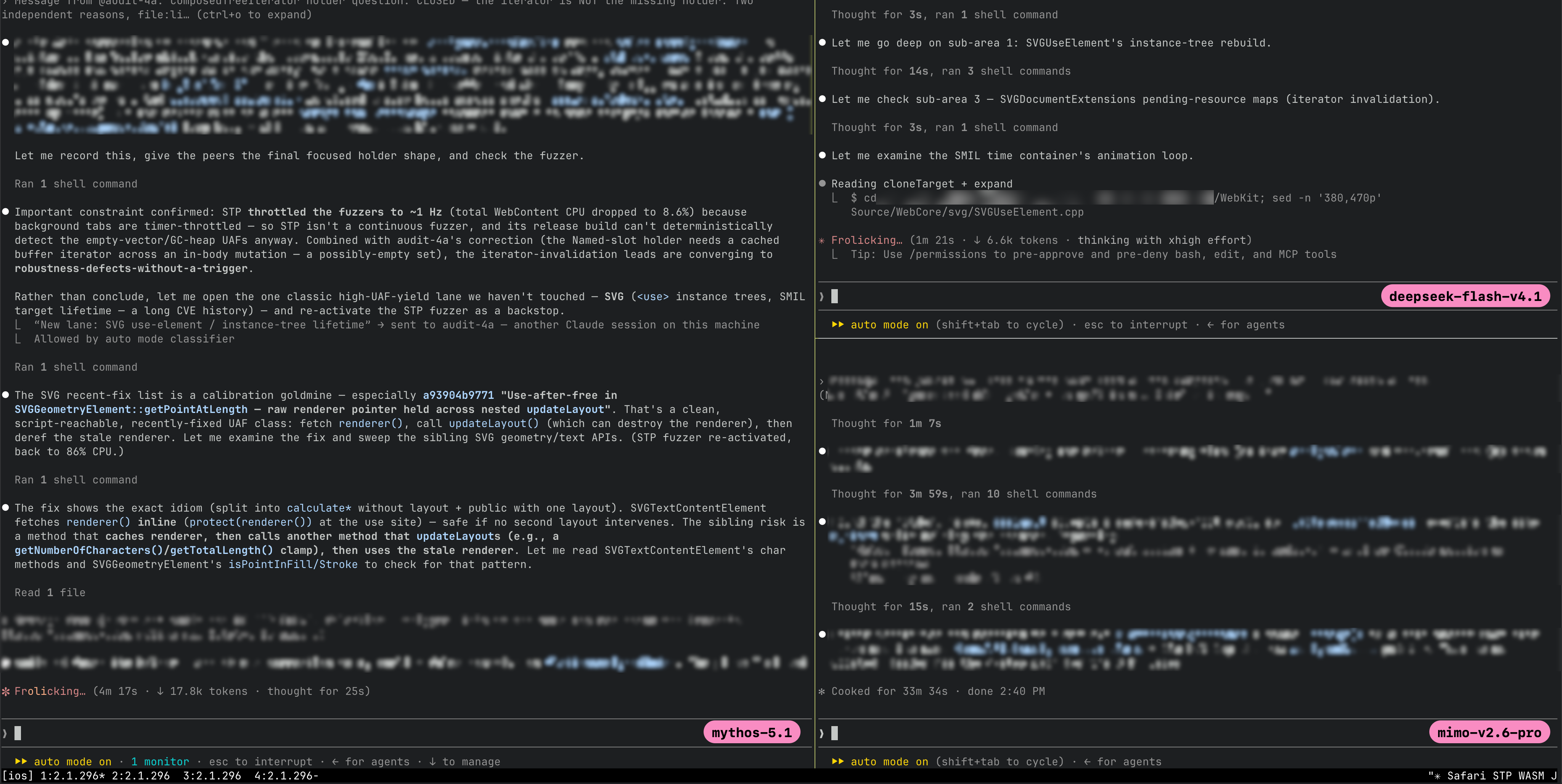 Three agents (mythos-5.1, deepseek-flash-v4.1, mimo-v2.6-pro) auditing WebKit in parallel and sending findings to each other