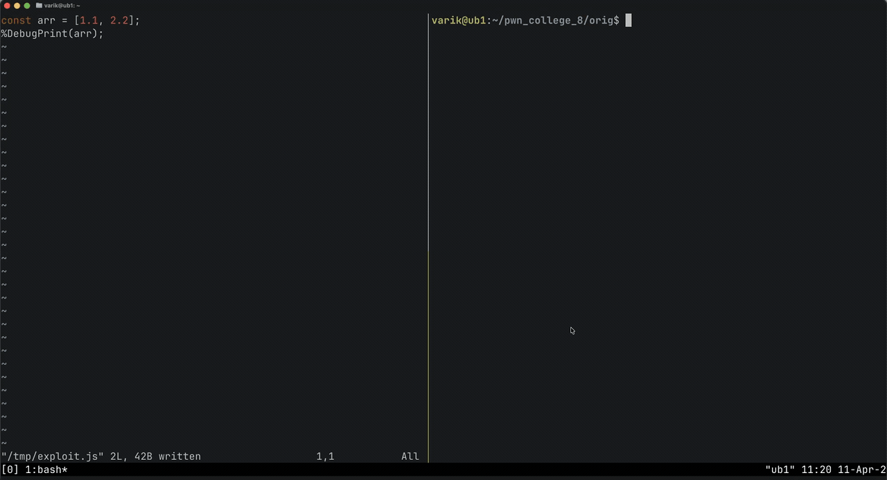 Typical exploit development workflow - d8 under pwndbg with %DebugPrint output and GDB breakpoints on the same terminal